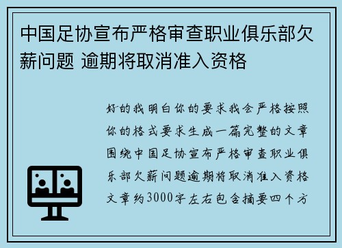 中国足协宣布严格审查职业俱乐部欠薪问题 逾期将取消准入资格